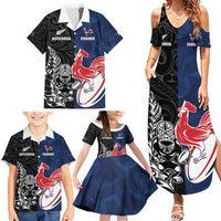 France And New Zealand Rugby Custom Family Matching Summer Maxi Dress and Hawaiian Shirt Les Bleus Rooster With Maori Tiki - Polynesian Pride