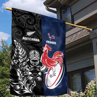 France And New Zealand Rugby Garden Flag Les Bleus Rooster With Maori Tiki - Polynesian Pride