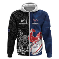 France And New Zealand Rugby Custom Hoodie Les Bleus Rooster With Maori Tiki - Polynesian Pride