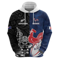 France And New Zealand Rugby Custom Hoodie Les Bleus Rooster With Maori Tiki - Polynesian Pride