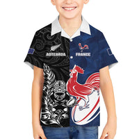 France And New Zealand Rugby Custom Kid Hawaiian Shirt Les Bleus Rooster With Maori Tiki - Polynesian Pride