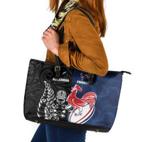 France And New Zealand Rugby Leather Tote Bag Les Bleus Rooster With Maori Tiki - Polynesian Pride