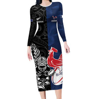 France And New Zealand Rugby Custom Long Sleeve Bodycon Dress Les Bleus Rooster With Maori Tiki - Polynesian Pride