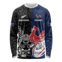 France And New Zealand Rugby Custom Long Sleeve Shirt Les Bleus Rooster With Maori Tiki - Polynesian Pride