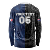 France And New Zealand Rugby Custom Long Sleeve Shirt Les Bleus Rooster With Maori Tiki - Polynesian Pride