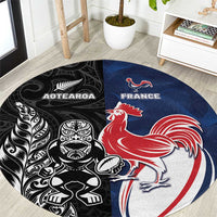 France And New Zealand Rugby Round Carpet Les Bleus Rooster With Maori Tiki - Polynesian Pride