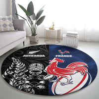 France And New Zealand Rugby Round Carpet Les Bleus Rooster With Maori Tiki - Polynesian Pride