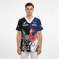 France And New Zealand Rugby Custom Scrub Top Les Bleus Rooster With Maori Tiki - Polynesian Pride