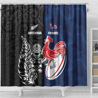 France And New Zealand Rugby Shower Curtain Les Bleus Rooster With Maori Tiki - Polynesian Pride