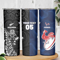 France And New Zealand Rugby Custom Skinny Tumbler Les Bleus Rooster With Maori Tiki - Polynesian Pride