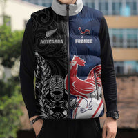 France And New Zealand Rugby Custom Sleeveless Puffer Jacket Les Bleus Rooster With Maori Tiki - Polynesian Pride