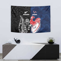 France And New Zealand Rugby Tapestry Les Bleus Rooster With Maori Tiki - Polynesian Pride