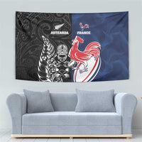 France And New Zealand Rugby Tapestry Les Bleus Rooster With Maori Tiki - Polynesian Pride