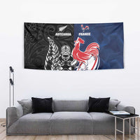 France And New Zealand Rugby Tapestry Les Bleus Rooster With Maori Tiki - Polynesian Pride