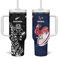 France And New Zealand Rugby Custom Tumbler With Handle Les Bleus Rooster With Maori Tiki - Polynesian Pride