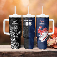 France And New Zealand Rugby Custom Tumbler With Handle Les Bleus Rooster With Maori Tiki - Polynesian Pride