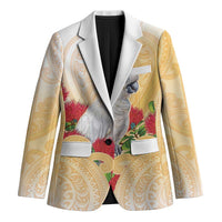 New Zealand Aotearoa Cockatoo Blazer Maori Pattern With Pohutukawa Flowers LT05 Unisex Beige - Polynesian Pride