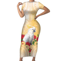 New Zealand Aotearoa Cockatoo Family Matching Short Sleeve Bodycon Dress and Hawaiian Shirt Maori Pattern With Pohutukawa Flowers