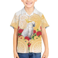 New Zealand Aotearoa Cockatoo Family Matching Short Sleeve Bodycon Dress and Hawaiian Shirt Maori Pattern With Pohutukawa Flowers