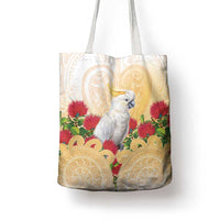 New Zealand Aotearoa Cockatoo Tote Bag Maori Pattern With Pohutukawa Flowers