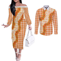 Orange Hawaii Palaka Couples Matching Off The Shoulder Long Sleeve Dress and Long Sleeve Button Shirt Hawaiian Ilima Lei