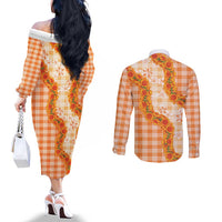 Orange Hawaii Palaka Couples Matching Off The Shoulder Long Sleeve Dress and Long Sleeve Button Shirt Hawaiian Ilima Lei