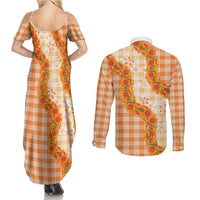 Orange Hawaii Palaka Couples Matching Summer Maxi Dress and Long Sleeve Button Shirt Hawaiian Ilima Lei LT05 - Polynesian Pride