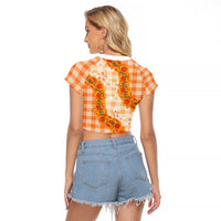 Orange Hawaii Palaka Raglan Cropped T Shirt Hawaiian Ilima Lei LT05 - Polynesian Pride