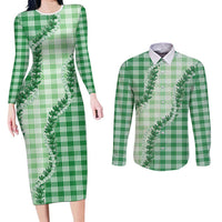Green Hawaii Palaka Couples Matching Long Sleeve Bodycon Dress and Long Sleeve Button Shirt Hawaiian Pikake Lei