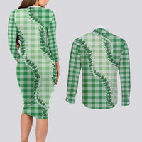 Green Hawaii Palaka Couples Matching Long Sleeve Bodycon Dress and Long Sleeve Button Shirt Hawaiian Pikake Lei