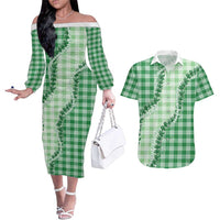 Green Hawaii Palaka Couples Matching Off The Shoulder Long Sleeve Dress and Hawaiian Shirt Hawaiian Pikake Lei