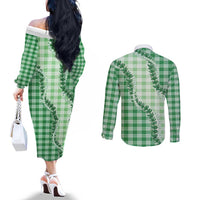 Green Hawaii Palaka Couples Matching Off The Shoulder Long Sleeve Dress and Long Sleeve Button Shirt Hawaiian Pikake Lei