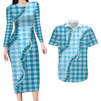 Blue Hawaii Palaka Couples Matching Long Sleeve Bodycon Dress and Hawaiian Shirt Hawaiian Pikake Lei
