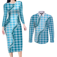 Blue Hawaii Palaka Couples Matching Long Sleeve Bodycon Dress and Long Sleeve Button Shirt Hawaiian Pikake Lei