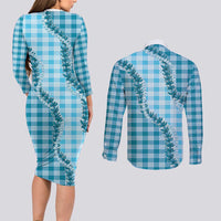 Blue Hawaii Palaka Couples Matching Long Sleeve Bodycon Dress and Long Sleeve Button Shirt Hawaiian Pikake Lei