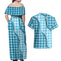 Blue Hawaii Palaka Couples Matching Off Shoulder Maxi Dress and Hawaiian Shirt Hawaiian Pikake Lei