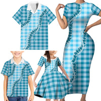 Blue Hawaii Palaka Family Matching Short Sleeve Bodycon Dress and Hawaiian Shirt Hawaiian Pikake Lei