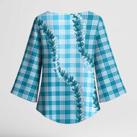 Blue Hawaii Palaka Kimono Sleeve Blouse Hawaiian Pikake Lei LT05 - Polynesian Pride