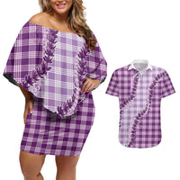 Violet Hawaii Palaka Couples Matching Off Shoulder Short Dress and Hawaiian Shirt Hawaiian Pikake Lei LT05 Violet - Polynesian Pride