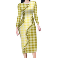 Yellow Hawaii Palaka Long Sleeve Bodycon Dress Hawaiian Pikake Lei LT05 Long Dress Yellow - Polynesian Pride