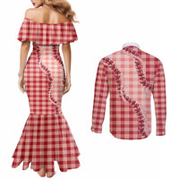 Red Hawaii Palaka Couples Matching Mermaid Dress and Long Sleeve Button Shirt Hawaiian Pikake Lei LT05 - Polynesian Pride