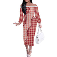 Red Hawaii Palaka Off The Shoulder Long Sleeve Dress Hawaiian Pikake Lei LT05 Women Red - Polynesian Pride