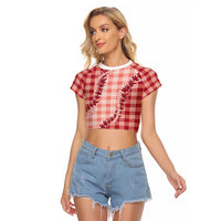 Red Hawaii Palaka Raglan Cropped T Shirt Hawaiian Pikake Lei LT05 Female Red - Polynesian Pride