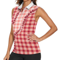 Red Hawaii Palaka Women Sleeveless Polo Shirt Hawaiian Pikake Lei LT05 - Polynesian Pride