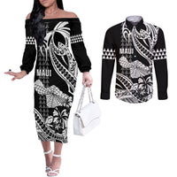 Hawaii Maui Upena Kiloi Couples Matching Off The Shoulder Long Sleeve Dress and Long Sleeve Button Shirt Kakau Tribal Pattern Black Version