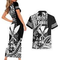 Hawaii Maui Upena Kiloi Couples Matching Short Sleeve Bodycon Dress and Hawaiian Shirt Kakau Tribal Pattern Black Version