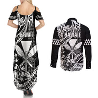 Hawaii Maui Upena Kiloi Couples Matching Summer Maxi Dress and Long Sleeve Button Shirt Kakau Tribal Pattern Black Version