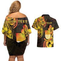 Personalised Kiribati Independence Day Couples Matching Off Shoulder Short Dress and Hawaiian Shirt 46th Anniversary
