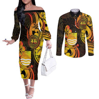 Personalised Kiribati Independence Day Couples Matching Off The Shoulder Long Sleeve Dress and Long Sleeve Button Shirt 46th Anniversary