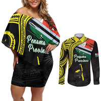 Personalised Vanuatu Penama Day Couples Matching Off Shoulder Short Dress and Long Sleeve Button Shirt Grunge Flag Style - Polynesian Pride